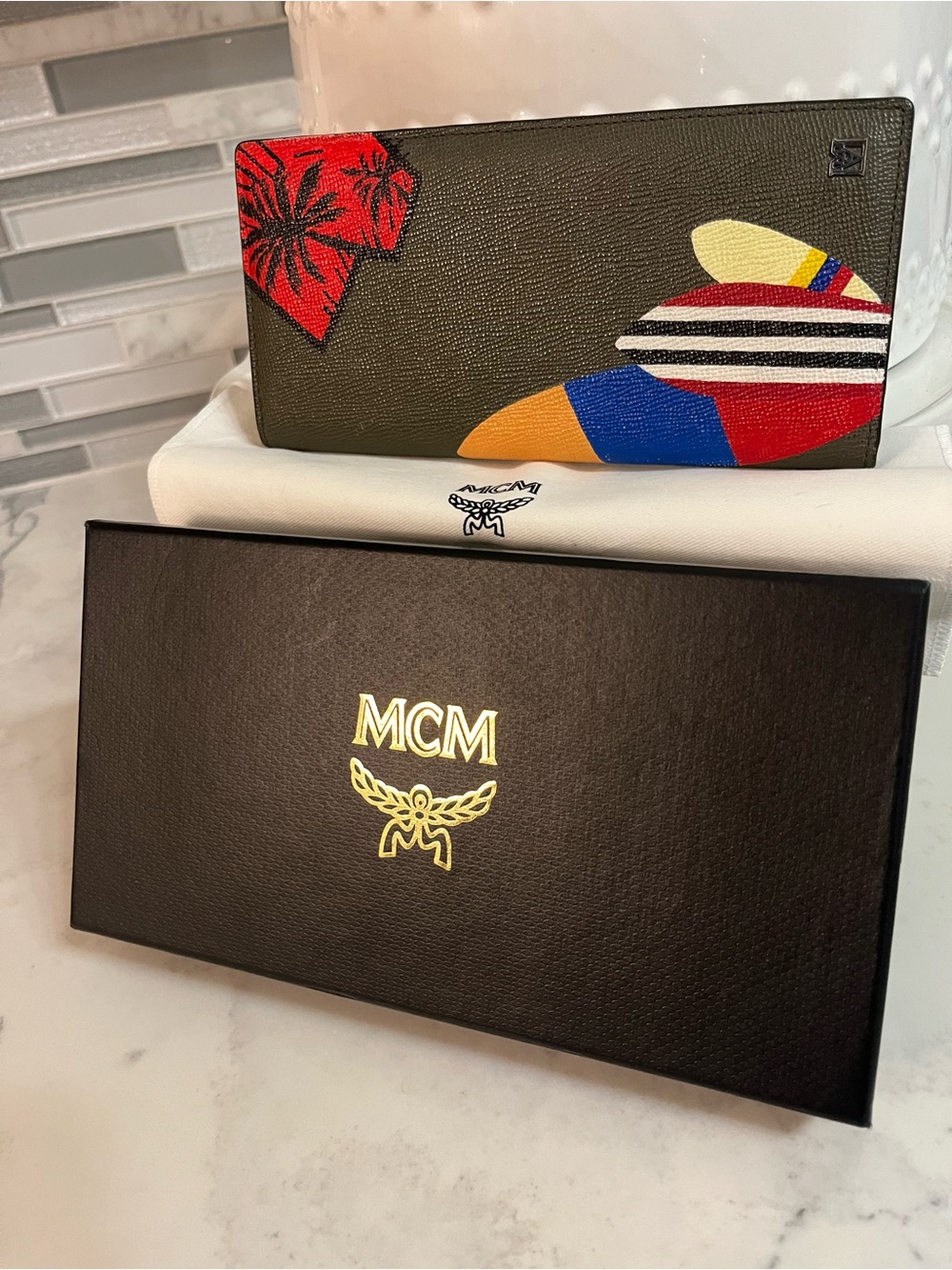 MCM Olive Leather Continental Wallet with Red, Yellow, Blue and Orange Accents